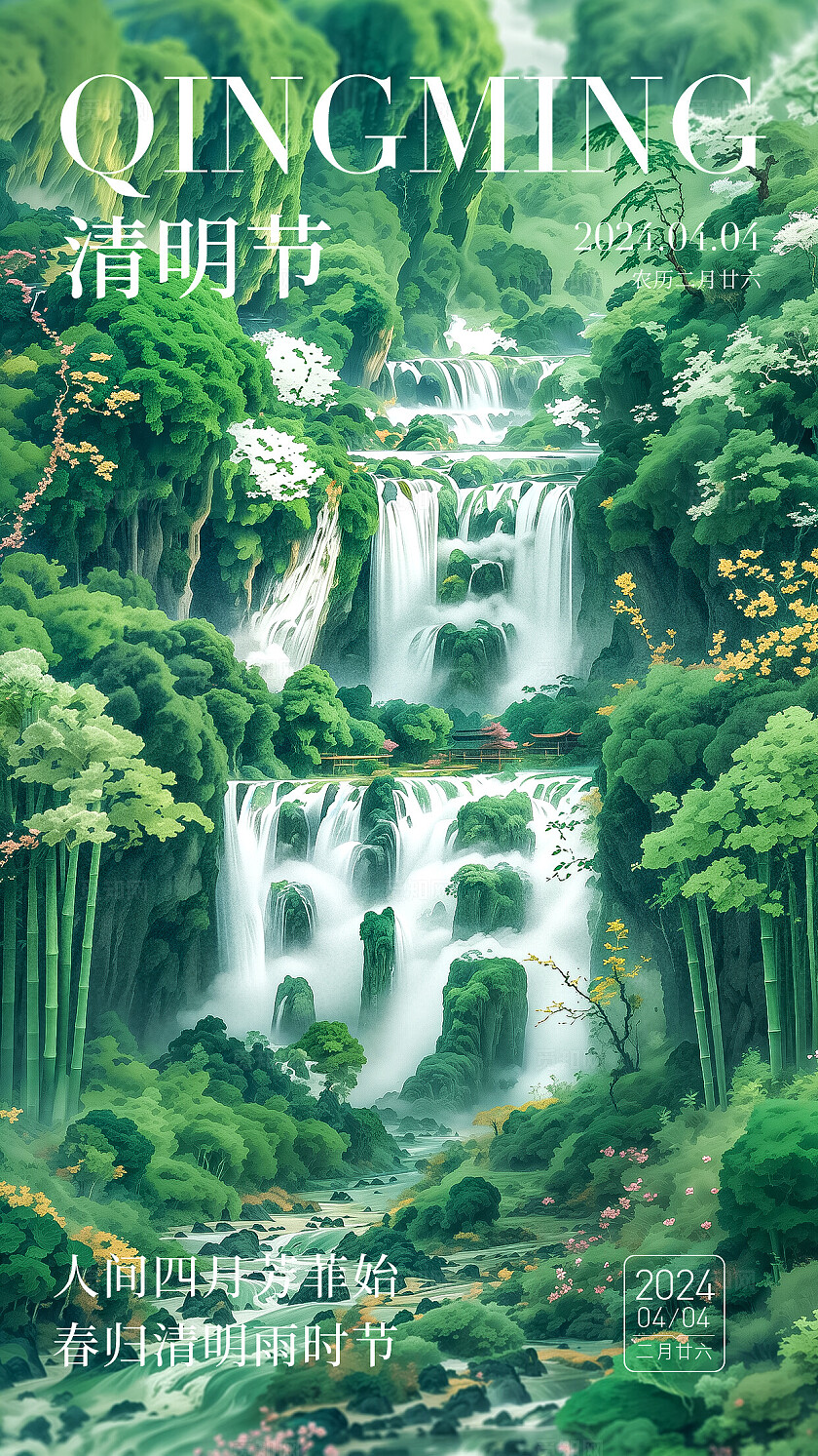sd建模风创意文字绿色简约清明节手机海报AI清明