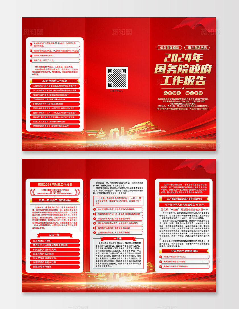 红色简约2024年国务院工作报告两会三折页宣传