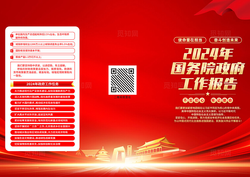 红色简约2024年国务院工作报告两会三折页宣传