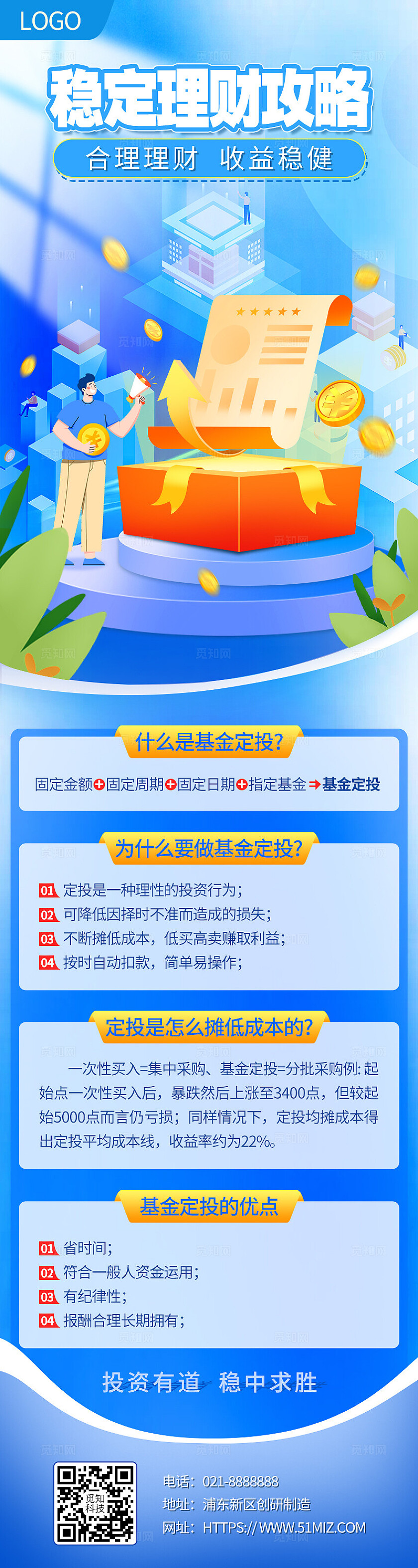 浅蓝色清新稳定理财攻略长图投资理财金融商务手机UI长图