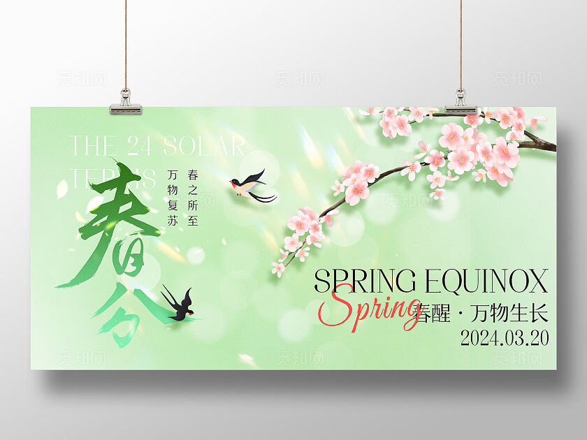 浅绿色清新花朵春分24节气宣传海报