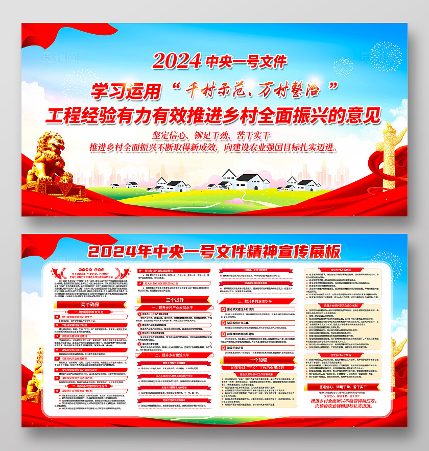 红色简约2024中央一号文件千村示范万村整治乡村振兴展板宣传 