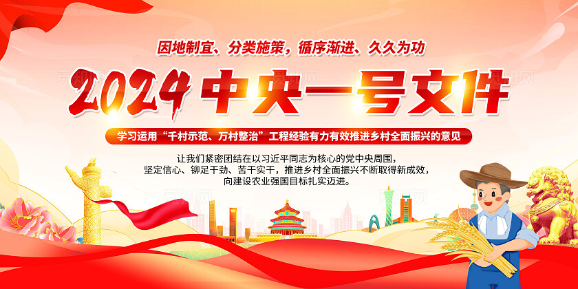 红色简约2024中央一号文件千村示范万村整治展板宣传