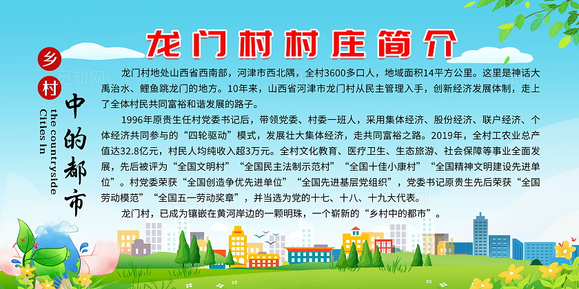 蓝色卡通风格龙门村村庄简介宣传栏