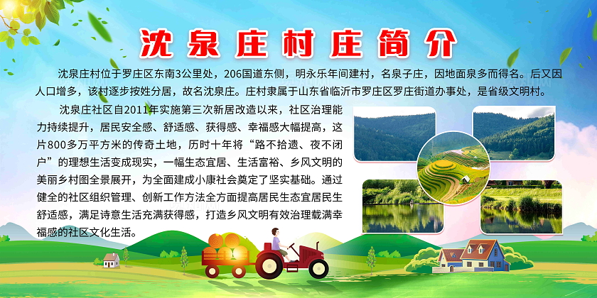蓝色卡通风格沈泉庄村庄简介宣传栏