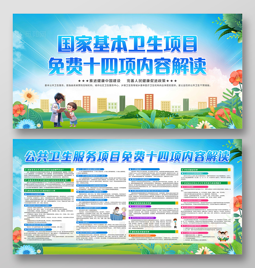 蓝色卡通风格国家基本卫生项目免费十四项内容解读宣传栏公共卫生
