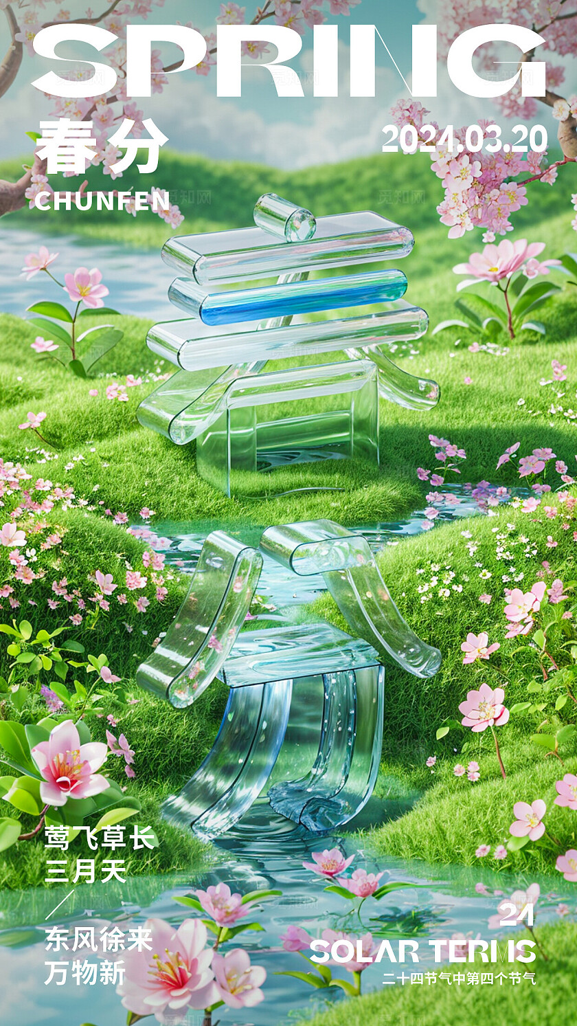 sd建模风绿色电商二十四节气春分节气海报建模文字