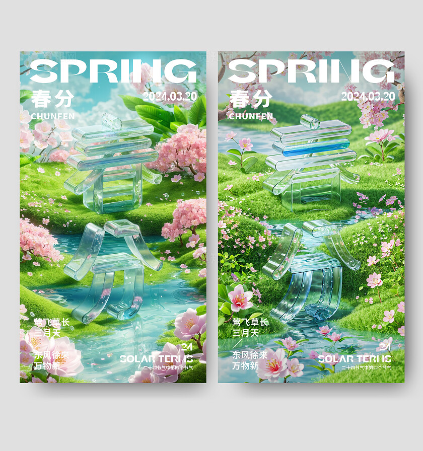 sd建模风绿色电商二十四节气春分节气海报建模文字