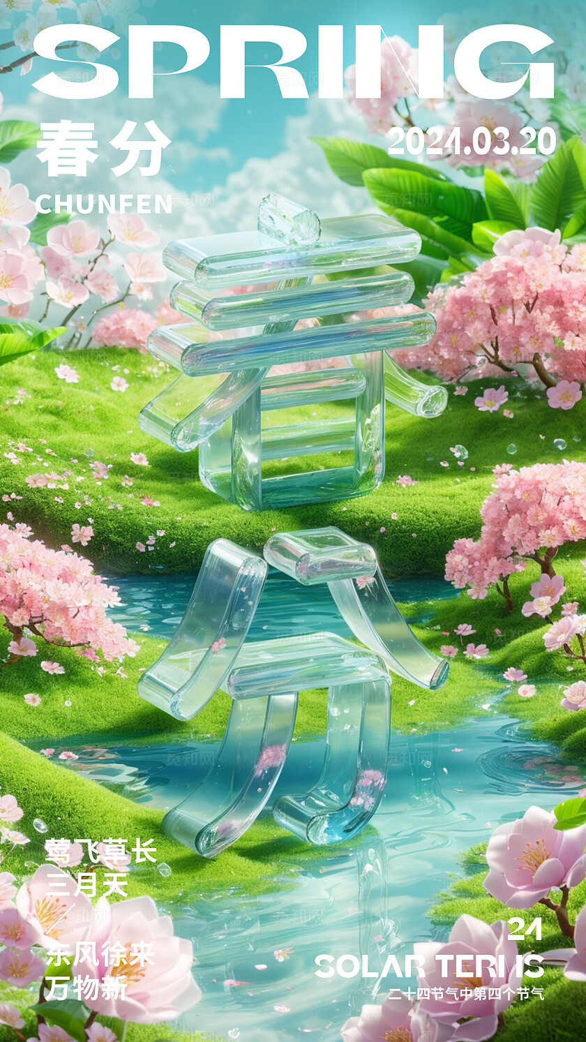 sd建模风绿色电商二十四节气春分节气海报建模文字