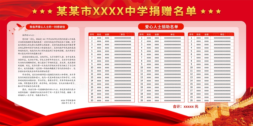 红色金色大气简约创意捐款学校社区感谢捐款捐赠展板