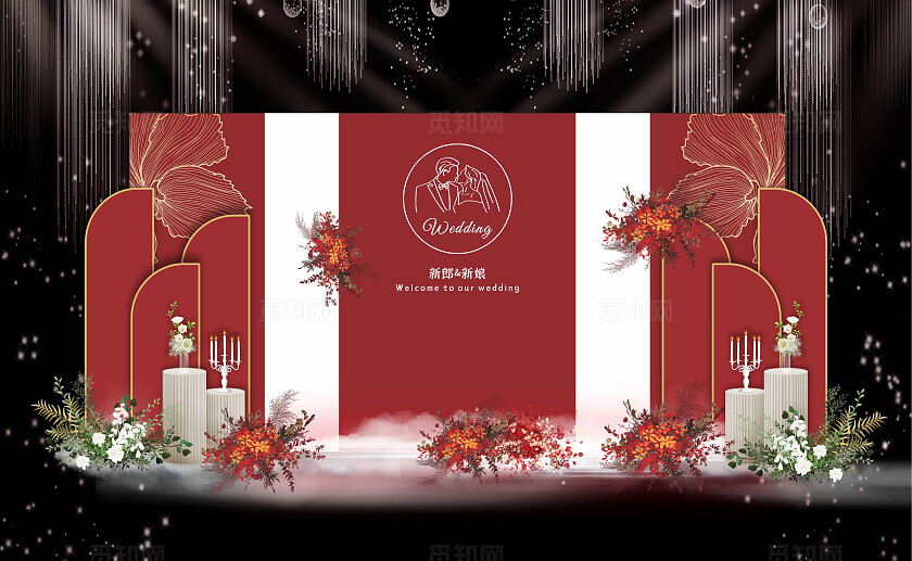 红金主题婚礼舞台迎宾设计婚礼美陈效果图