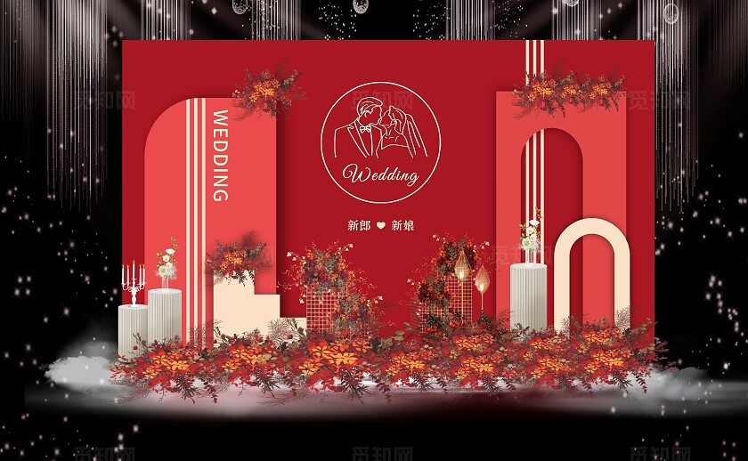 红色主题婚礼美陈舞台迎宾设计婚礼效果图