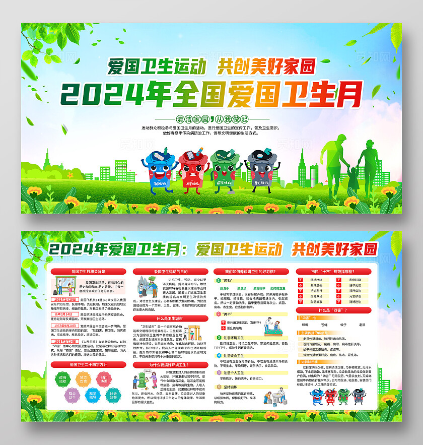 绿色简约2024年全国爱国卫生月展板宣传