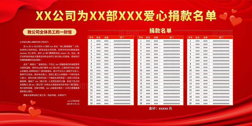 红色金色创意捐款公司学校社区感谢捐款捐赠展板捐款海报