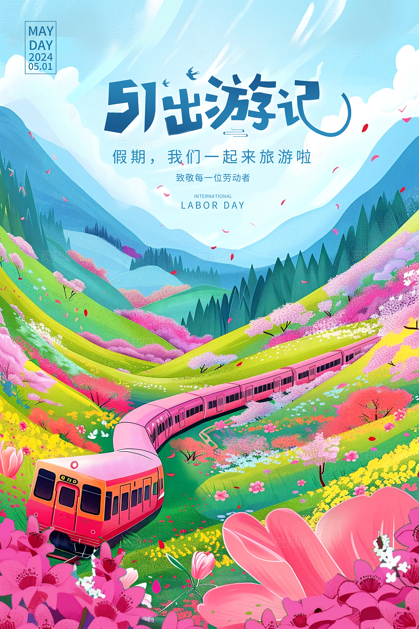 蓝色插画51出游记旅游五一宣传海报设计劳动节