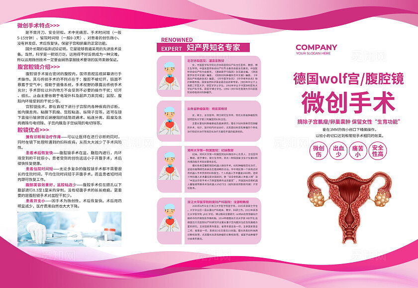 粉色简约德国wolf宫/腹腔镜微创手术卵巢肿瘤折页