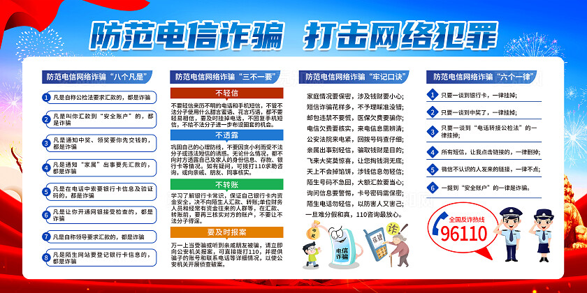 蓝色简约预防电信网络诈骗预防电信诈骗打击网络犯罪展板宣传