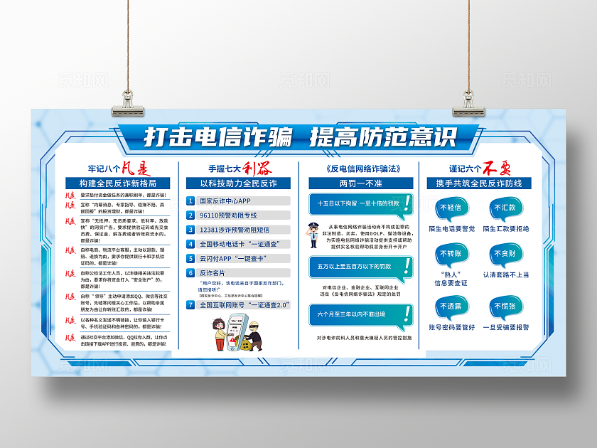 蓝色简约打击电信诈骗提高防范意识预防电信诈骗打击网络犯罪展板宣传