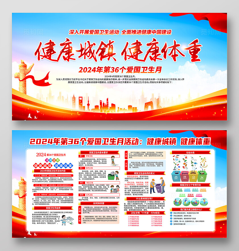 红色简约健康城镇健康体重2024全国爱国卫生月展板宣传栏宣传