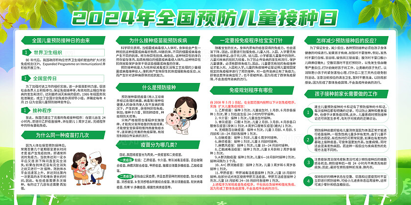绿色卡通预防接种健康保障全国儿童预防接种日展板宣传
