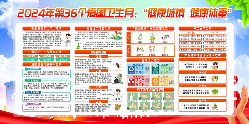 红色简约2024年爱国卫生月全国爱国卫生月宣传栏