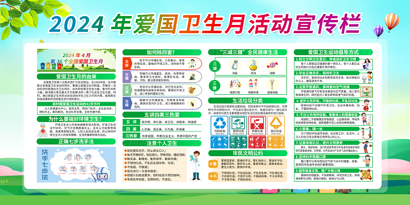 绿色卡通2024年爱国卫生月全国爱国卫生月宣传栏