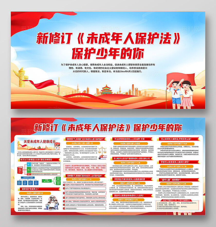 红色简约新修订未成年人保护法展板宣传