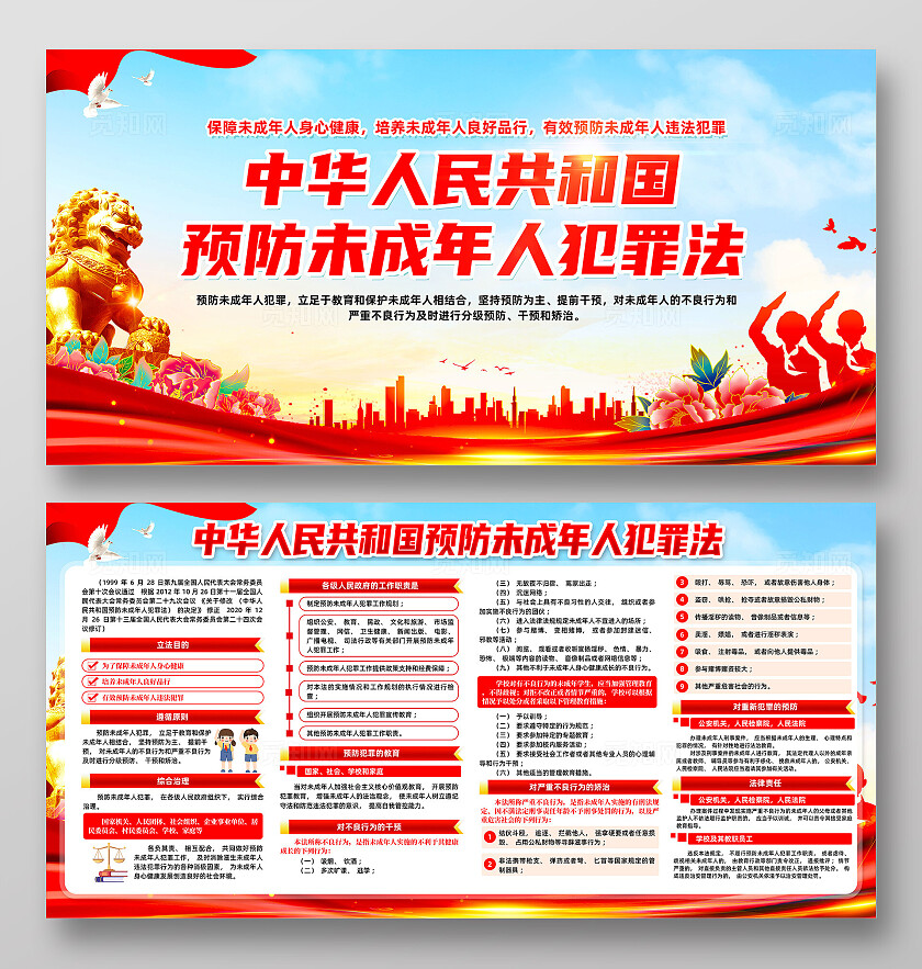 红色简约新修订预防未成年人犯罪法展板宣传