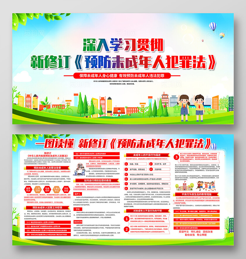 绿色卡通新修订预防未成年人犯罪法展板宣传