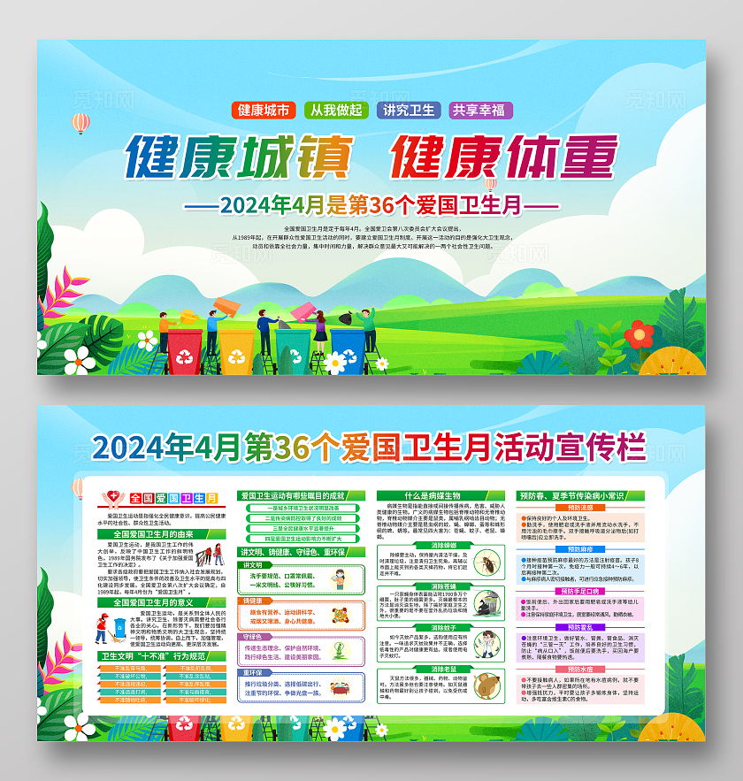 绿色卡通健康城镇健康体重2024全国爱国卫生月宣传栏