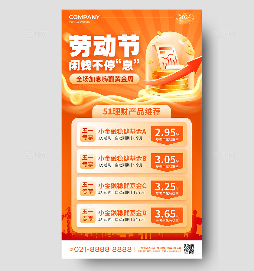 橙色插画风五一劳动节闲钱不停息金融手机文案海报