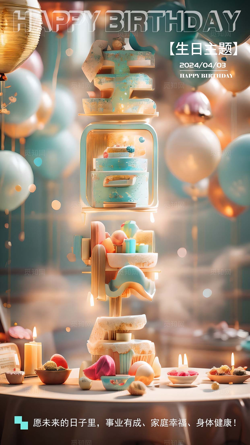sd建模风SD建模文字生日快乐主题手机海报