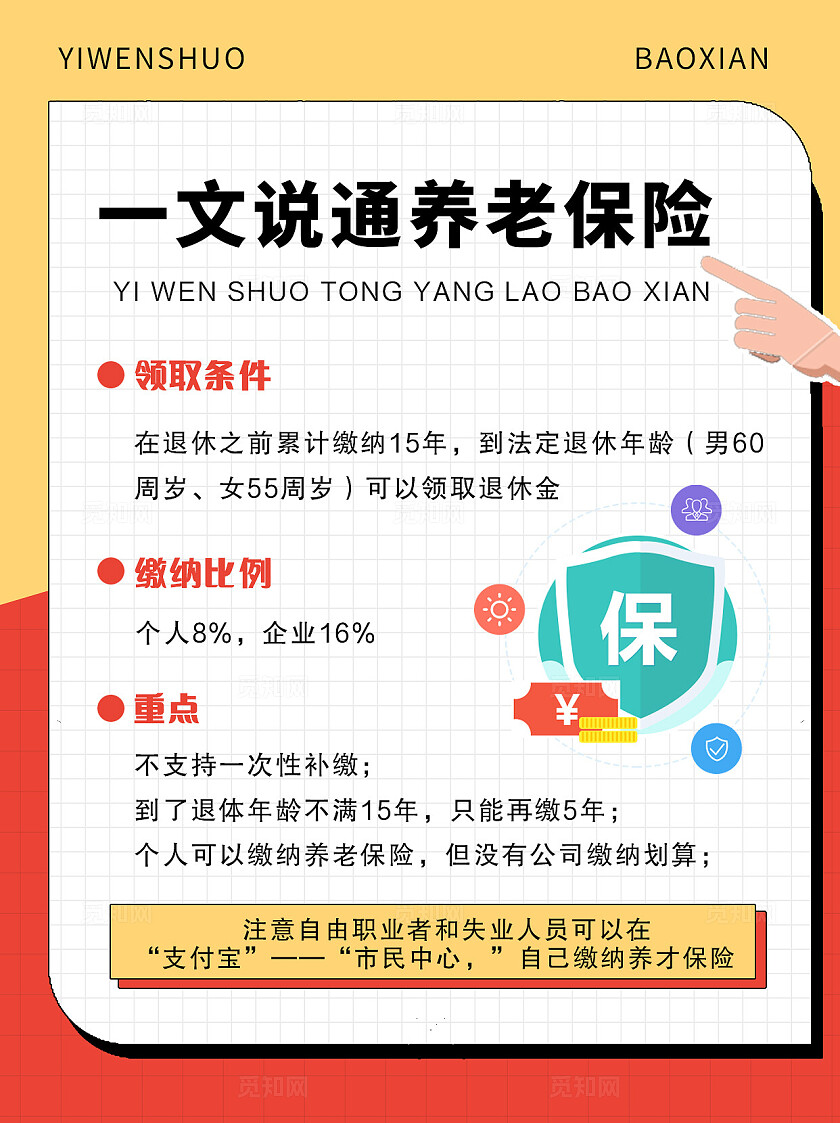 扁平简约保险宣传一图看懂养老保险海报小红书封面