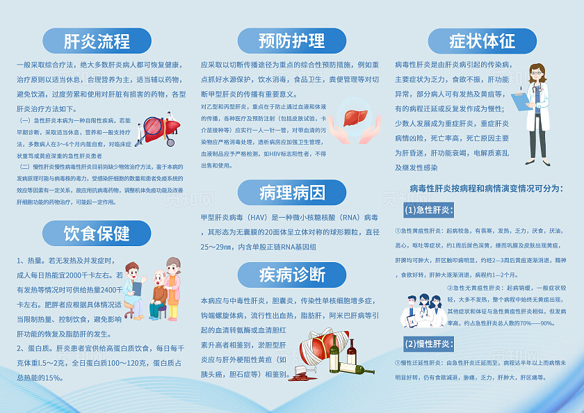 蓝色卡通抗击肝炎预防先行肝炎三折页宣传