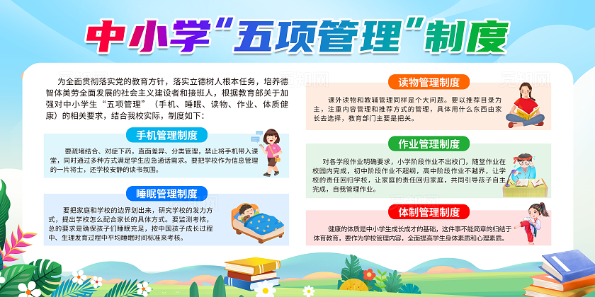 蓝色卡通中小学五项管理制度学生五项管理展板宣传