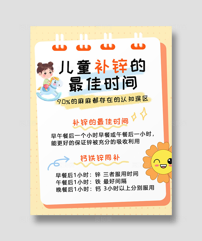 黄色卡通平面儿童补锌补充营养最佳时间海报小红书封面
