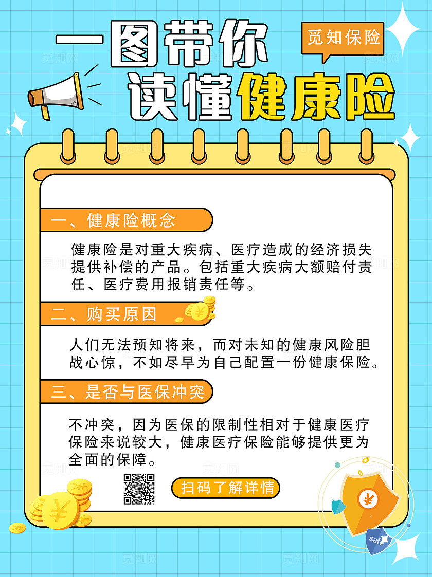 蓝色平面保险宣传单健康险海报小红书封面