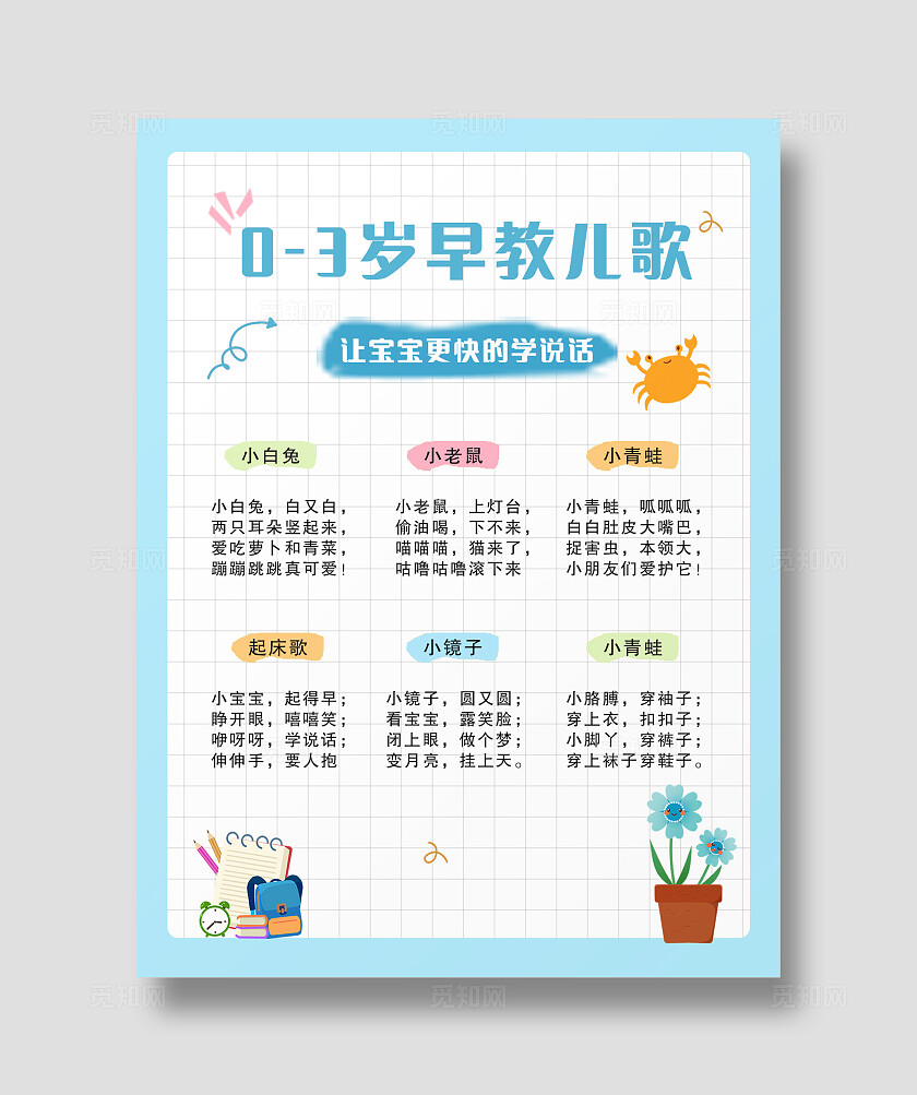 蓝色卡通0-3岁早教儿歌宣传单海报小红书封面