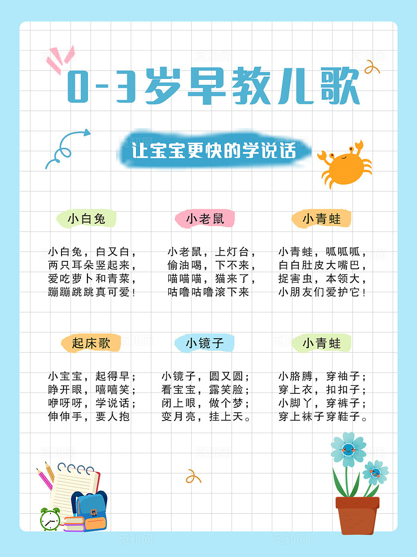 蓝色卡通0-3岁早教儿歌宣传单海报小红书封面