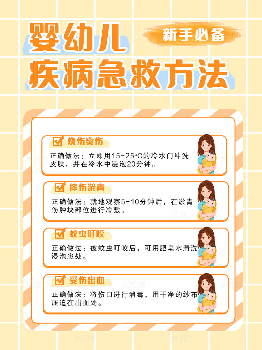 黄色卡通简约格纹平面婴幼儿急救方法宝宝儿童安全宣传单海报小红书封面