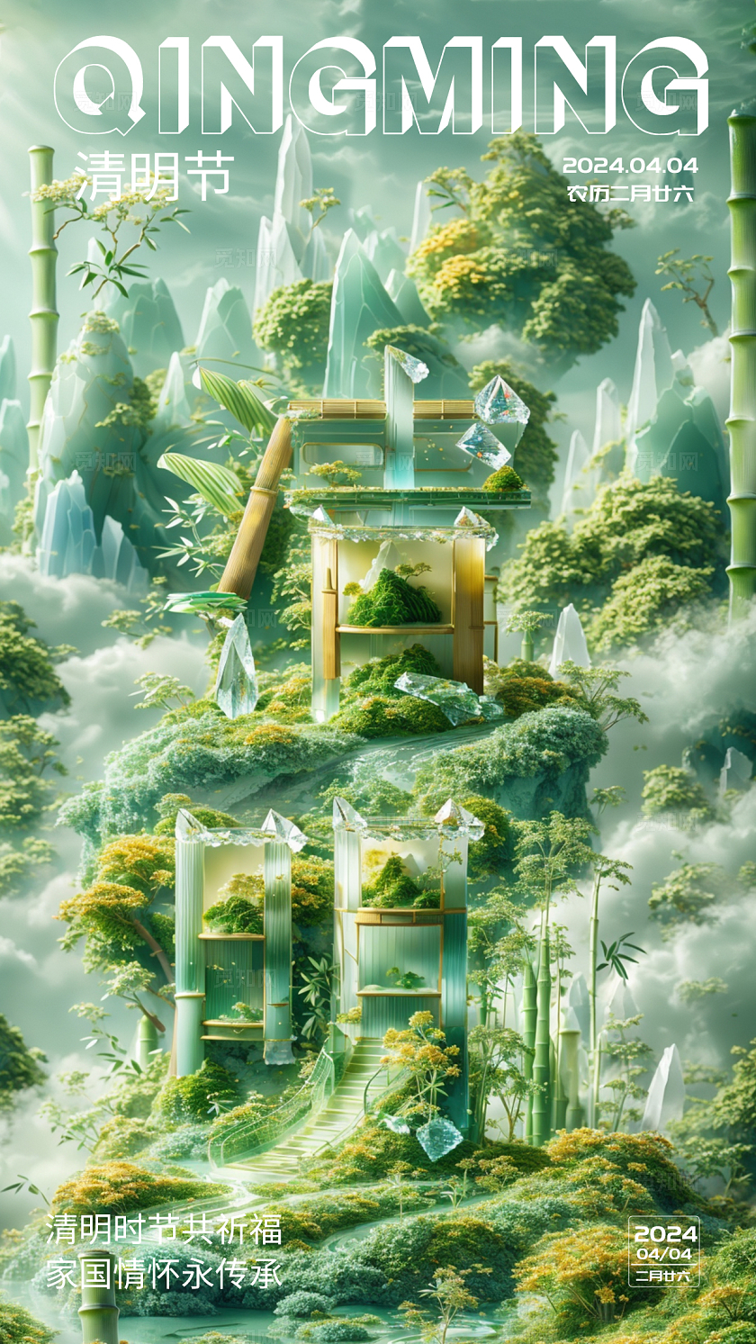 sd建模风SD建模文字绿色简约传统节日清明节手机宣传海报