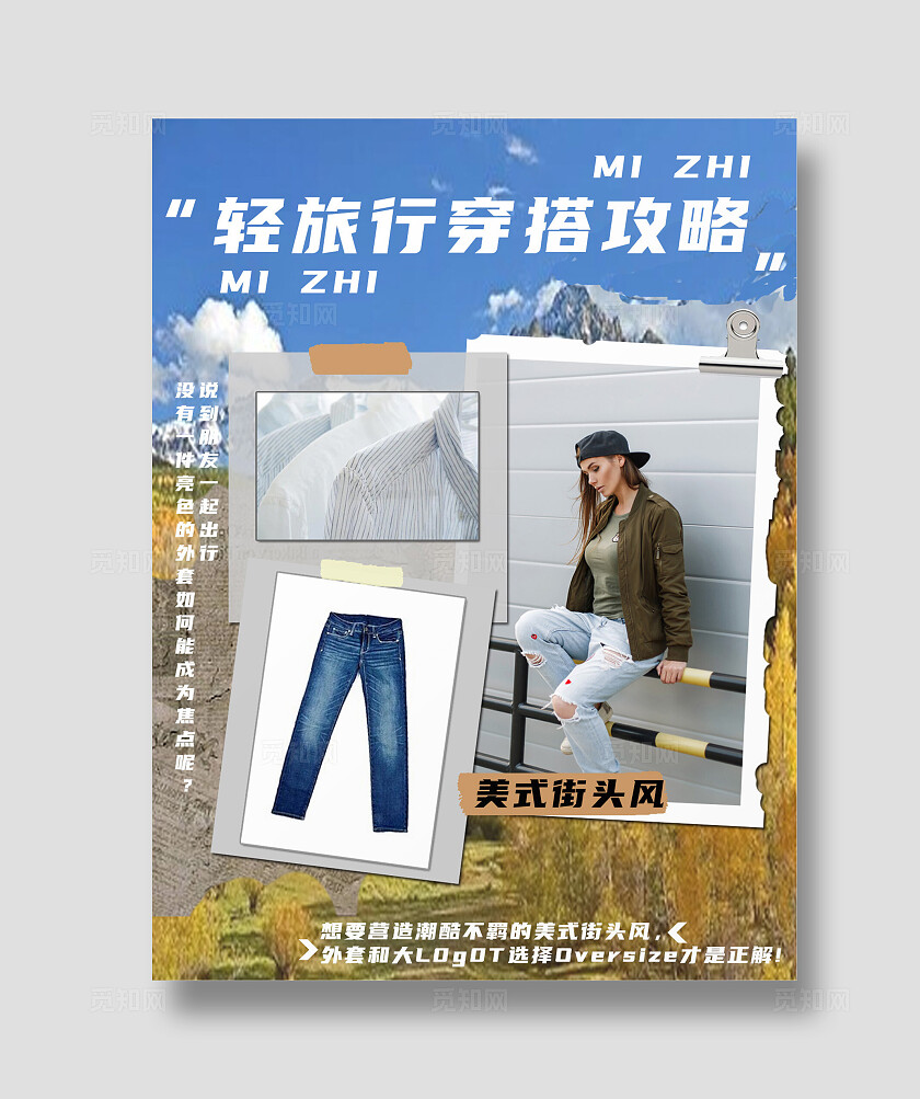 蓝色大气2024轻旅行穿搭攻略小红书海报模板小红书封面