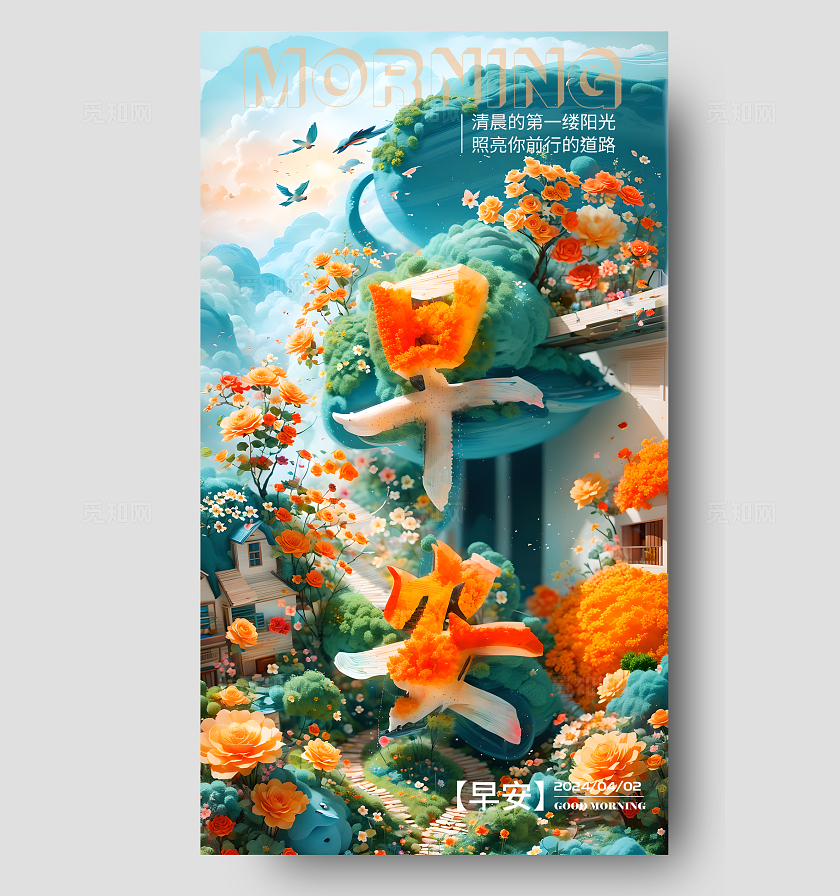 sd建模风SD建模文字早安手机海报素材