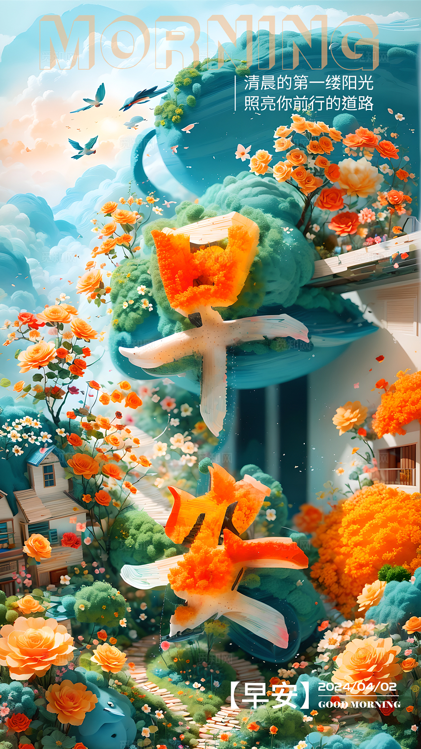 sd建模风SD建模文字早安手机海报素材