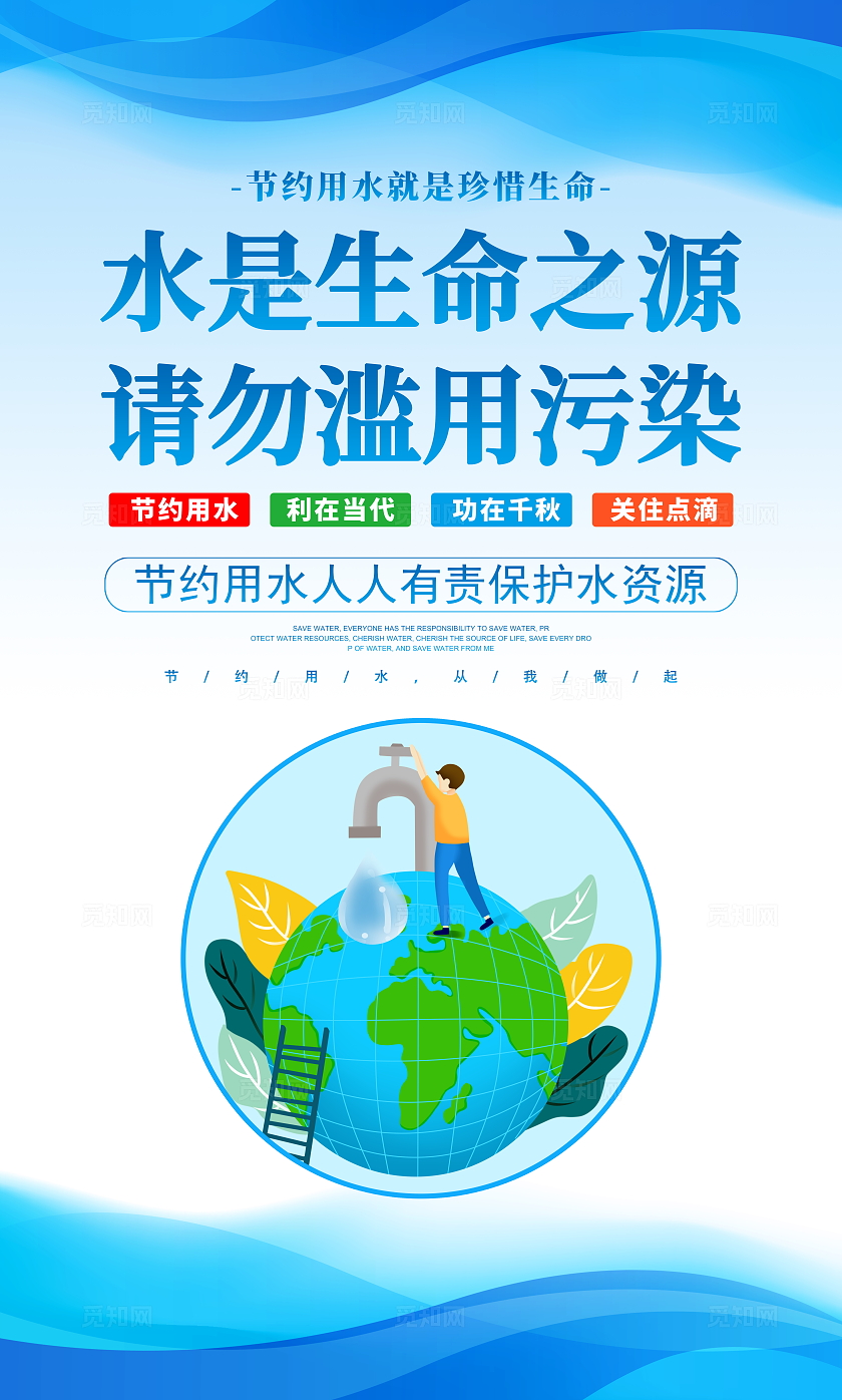 蓝色大气保护水资源宣传套图海报