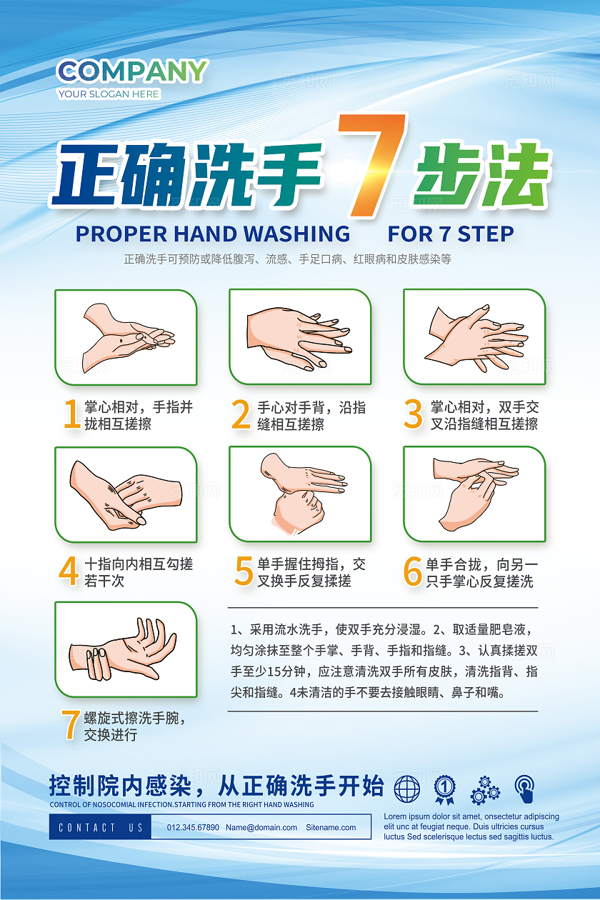 蓝色简约正确洗手7步法医院卫生手海报宣传
