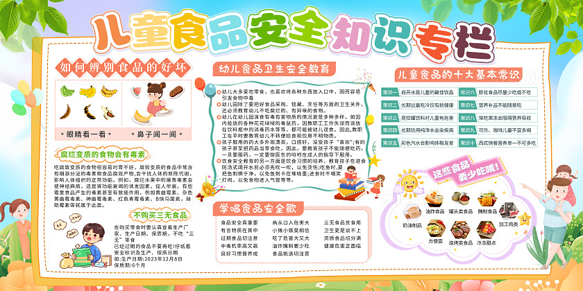蓝色卡通儿童食品安全知识专栏食品健康安全宣传栏展板学龄期膳食指南