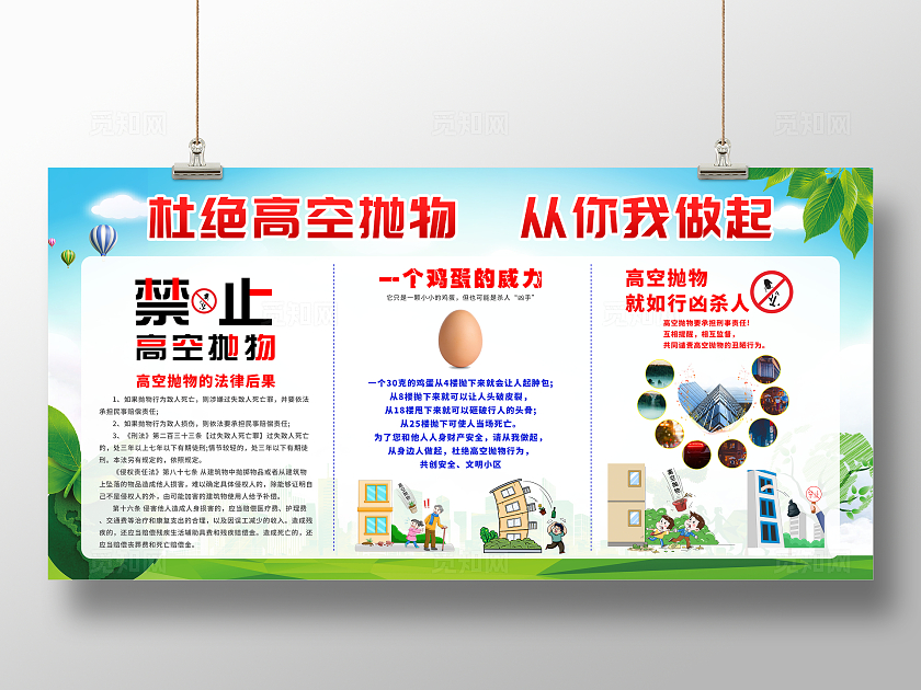 蓝色简约卡通杜绝高空抛物宣传栏展板设计