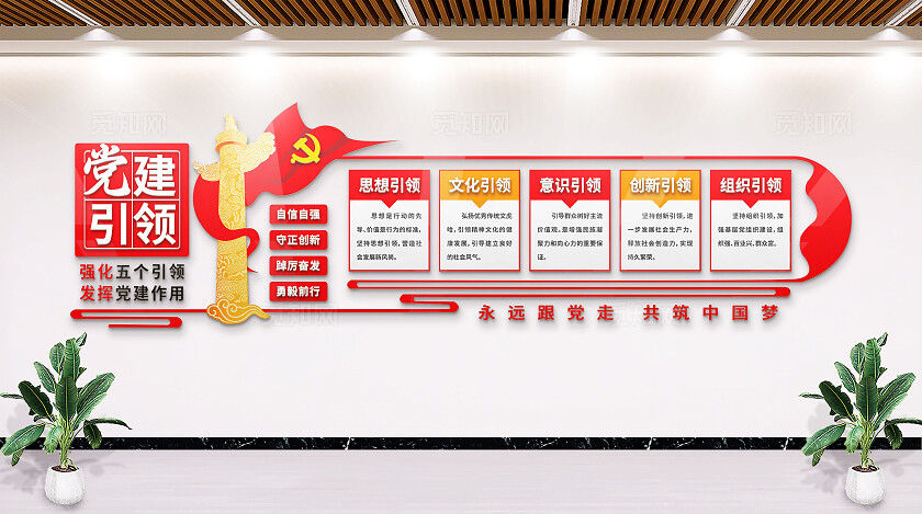 红色党建五个引领党建文化墙基层党建文化墙