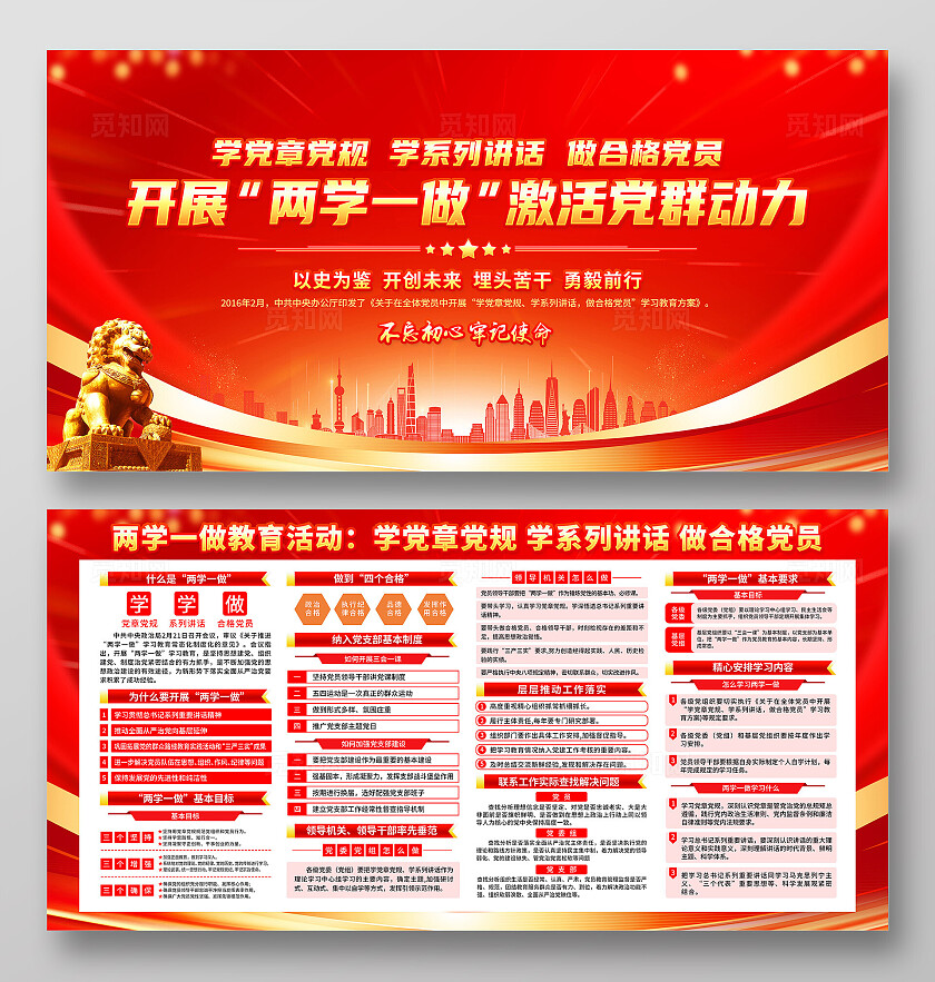 红色简约开展两学一做激活党群动力两学一做展板宣传